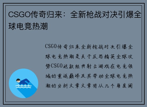 CSGO传奇归来：全新枪战对决引爆全球电竞热潮